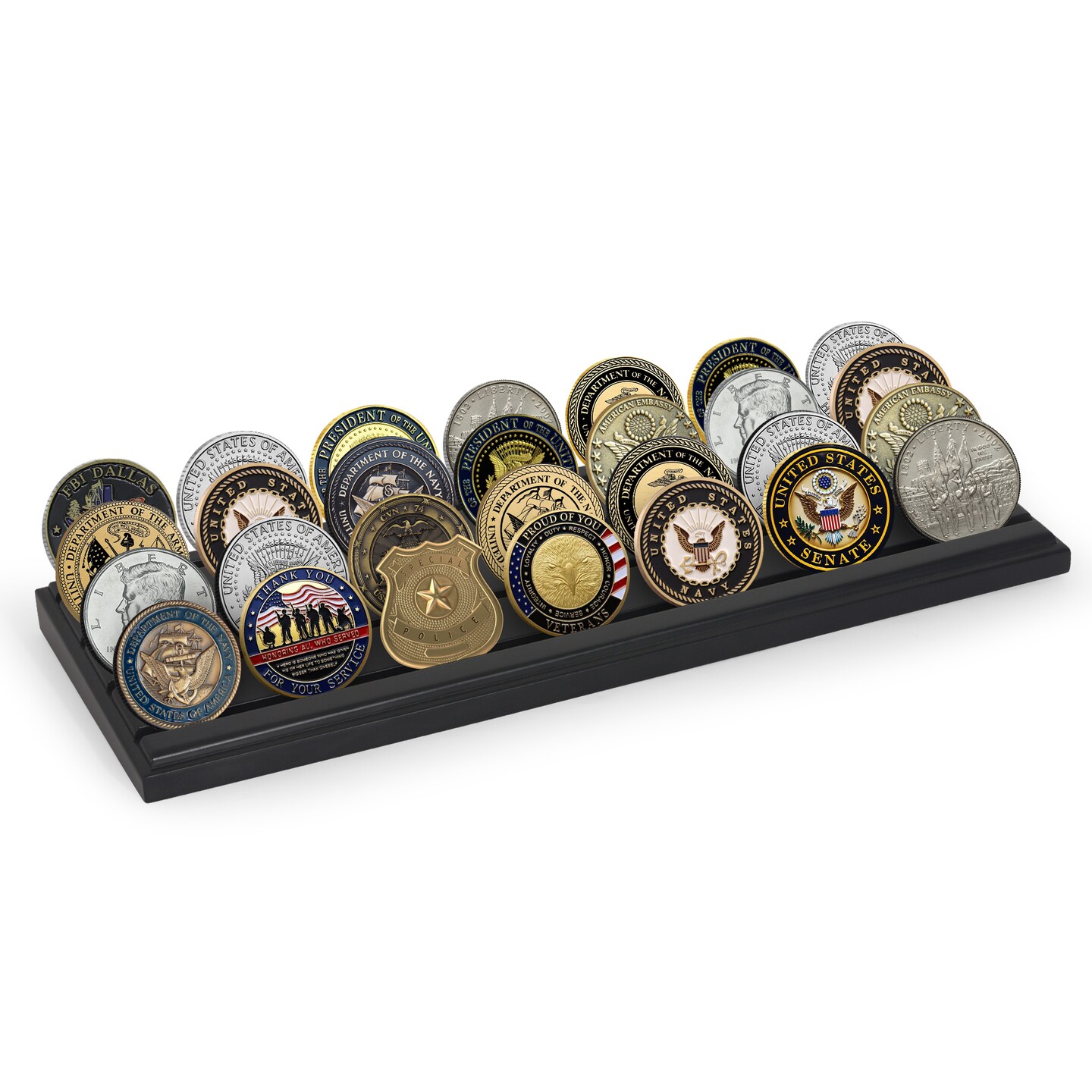 Americanflat 12x4 Challenge Coin Display - Four Rows for Displaying Military Challenge Coins - Showcase up to 30 Coins at Once - Collectible Coin Holder - Pinewood Finish - Black