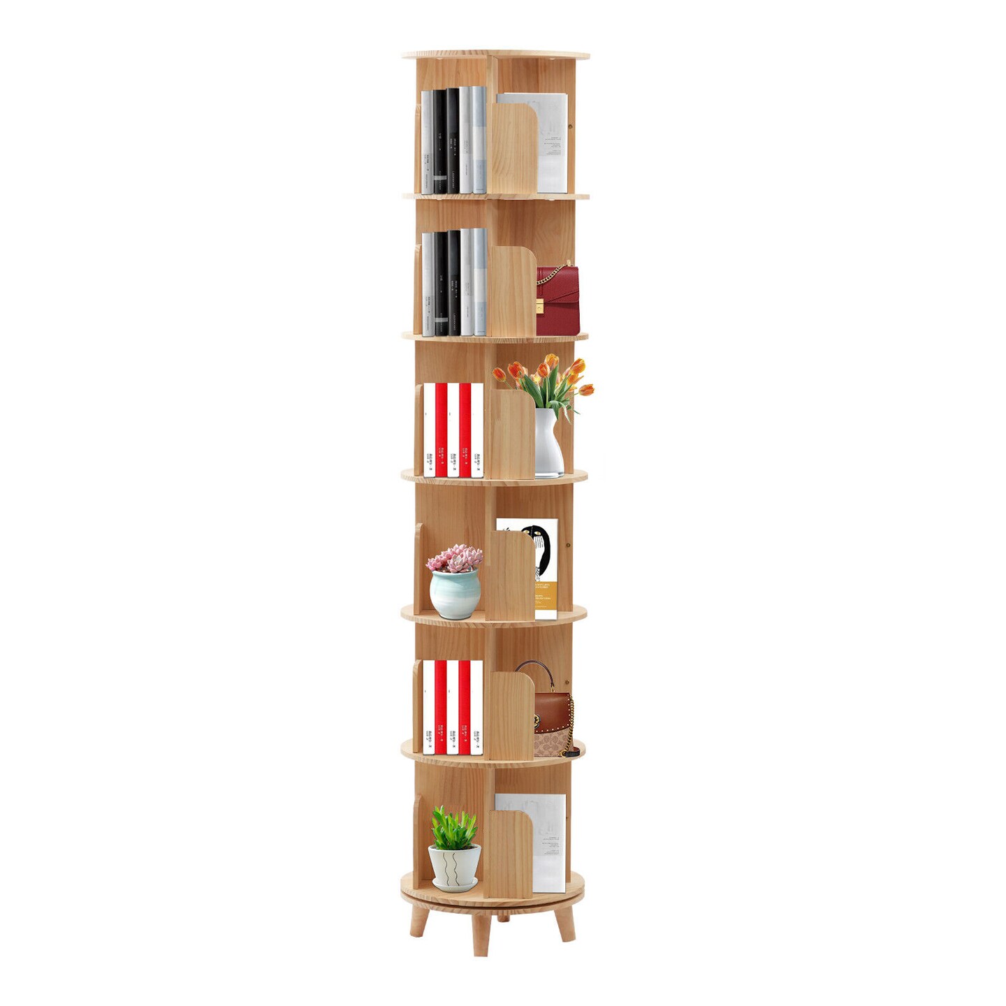 Kitcheniva 6-Tier 360&#xB0; Wooden Rotating Bookshelf Display Rack