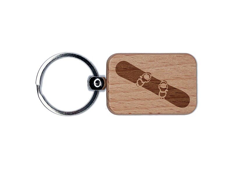 Snowboard with Boot Bindings Engraved Wood Rectangle Keychain Tag Charm