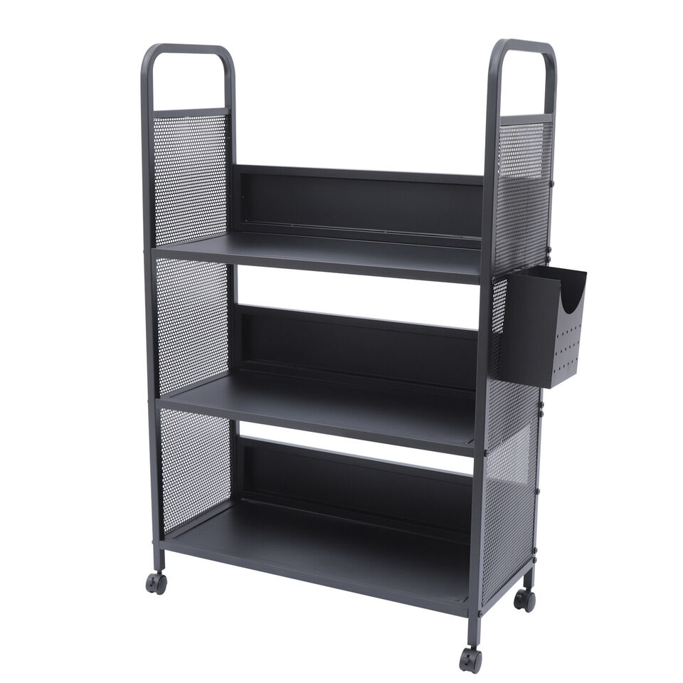Library Book Storage Cart Book Shelf Book Organizer Trolley with 3 Flat Shelves
