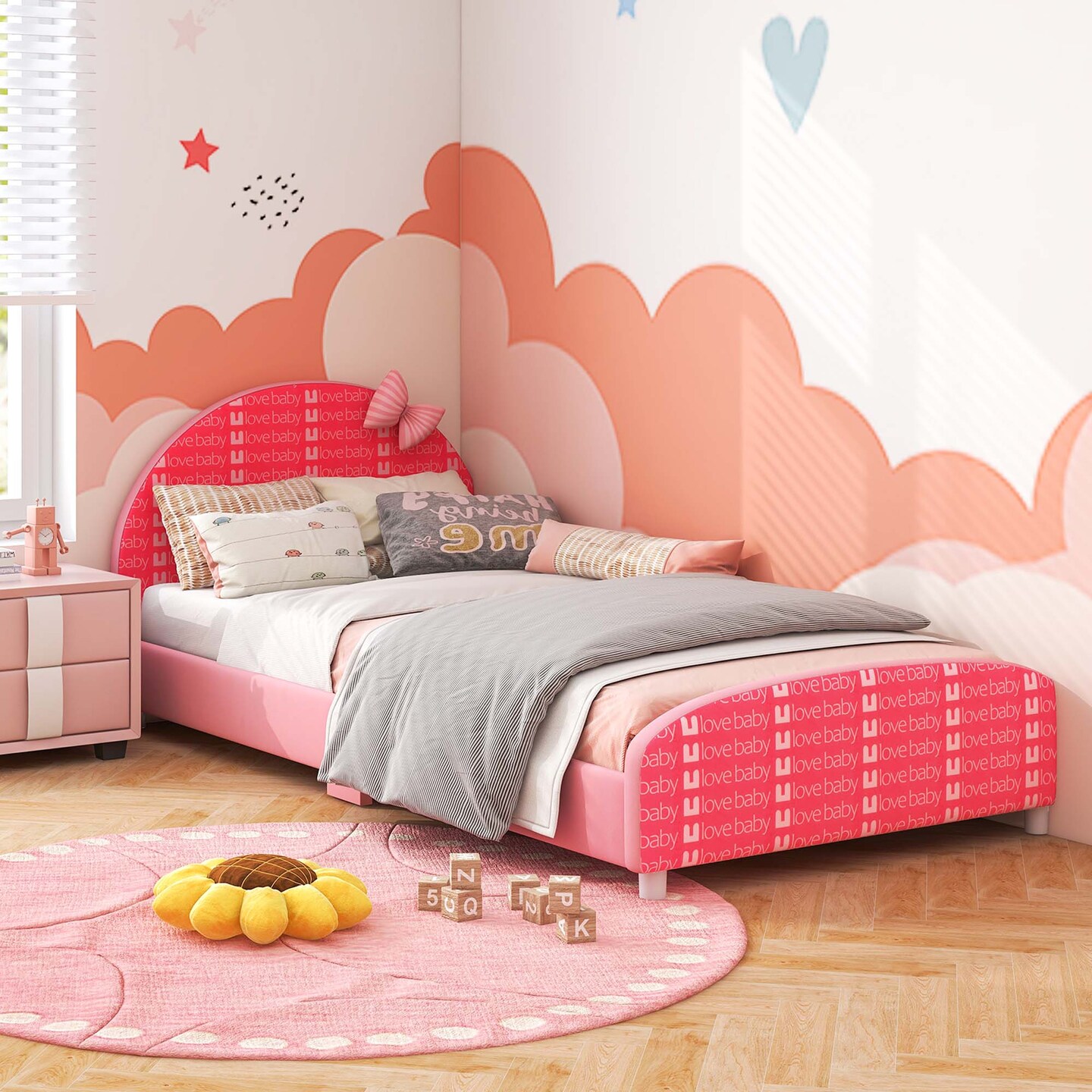 Honeyjoy Children Twin Size Upholstered Platform Single Bed with Headboard & Footboard Pink