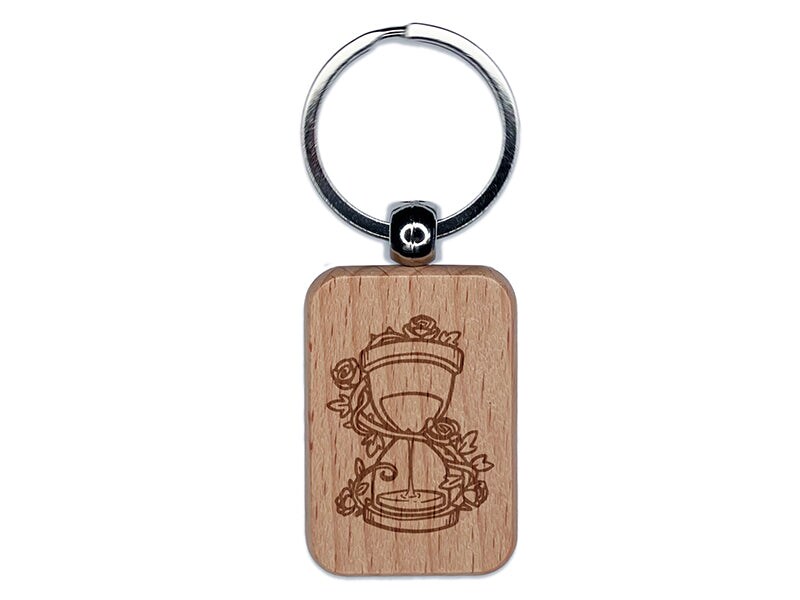 Elegant Hourglass Vines Roses Engraved Wood Rectangle Keychain Tag Charm