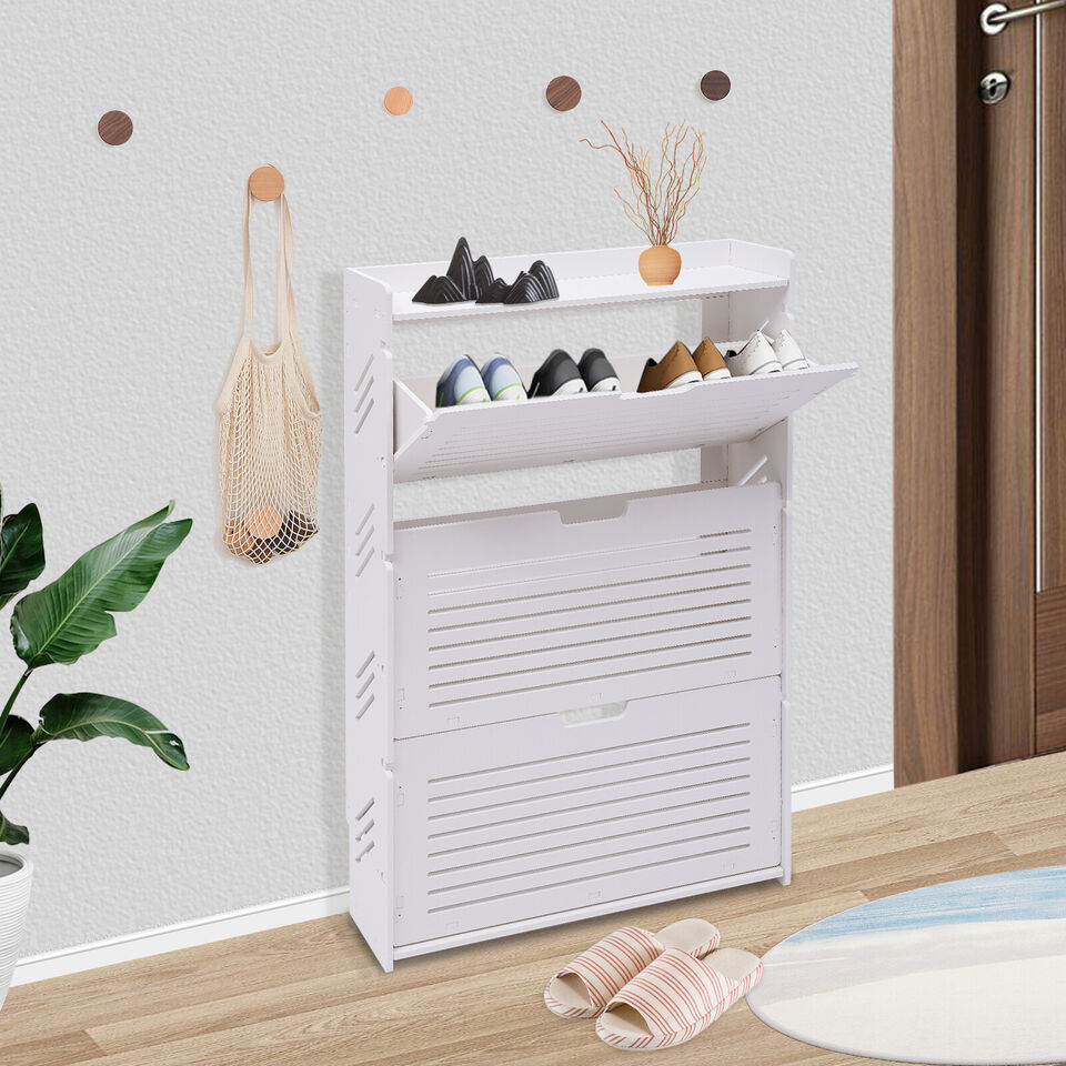 3 Storage Drawers Ultra-Thin Shoe Cabinet Organizer Boots Louvered Holder White