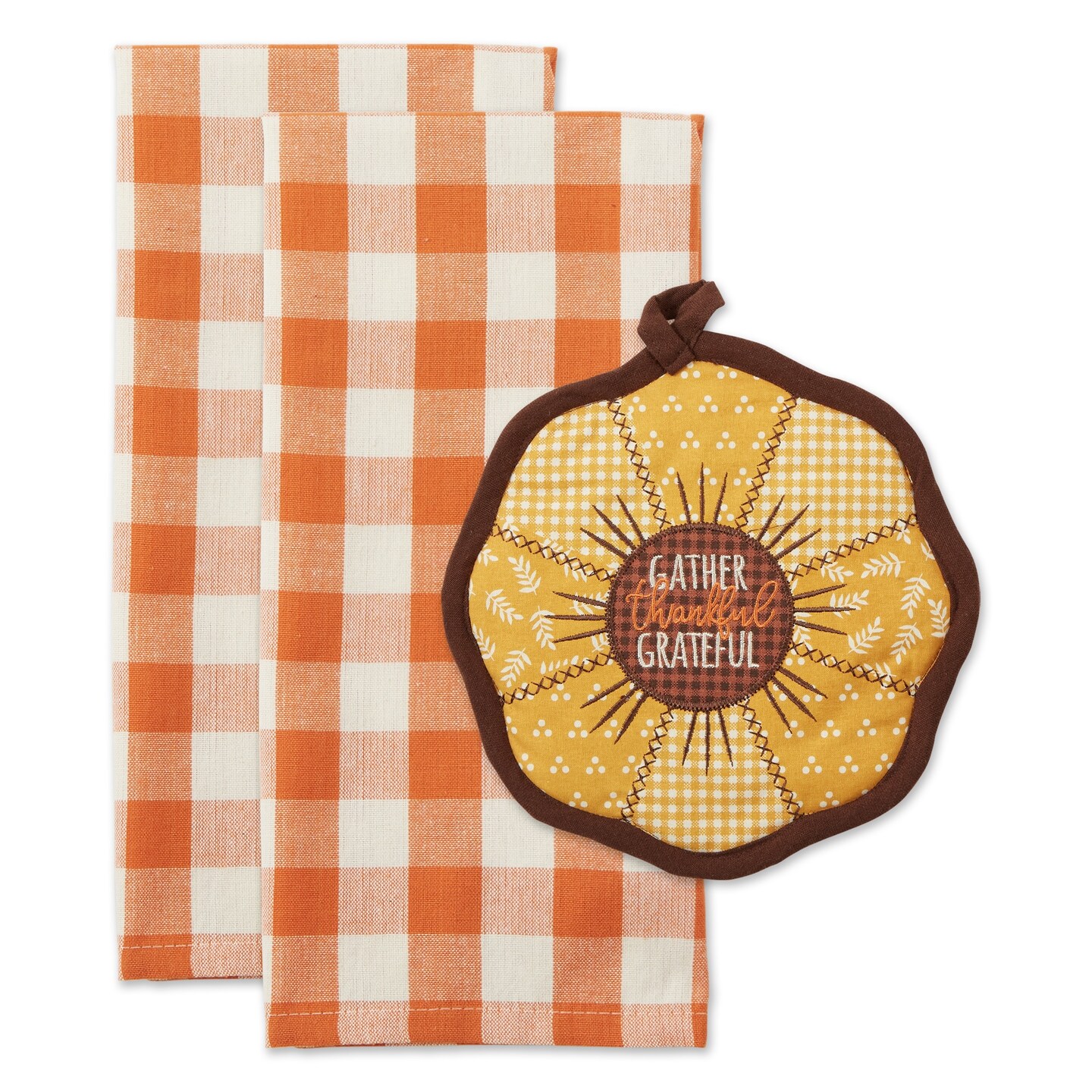 Contemporary Home Living Sunflower Thankful Potholder and Dishtowels - 28&#x22; - Orange and Yellow - Set of 3