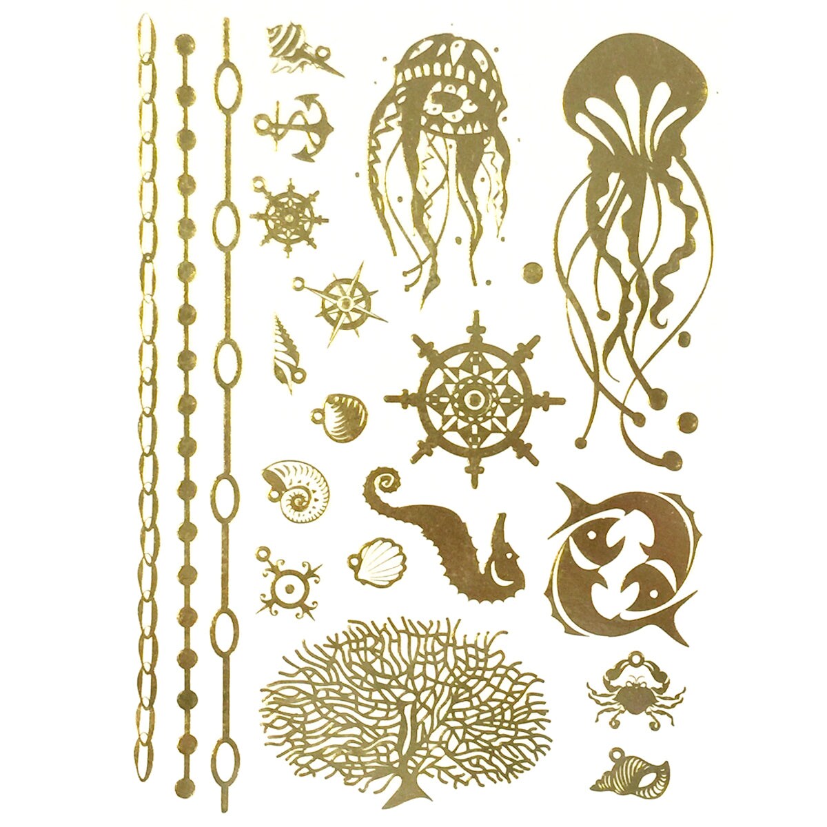Wrapables Celebrity Inspired Temporary Tattoos in Metallic Gold Silver and Black, Sea Animals, Large