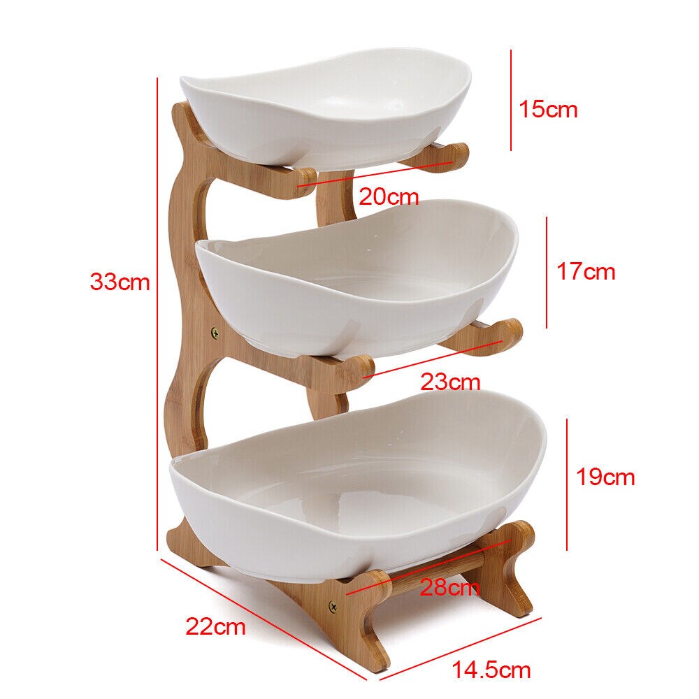 Kitcheniva 3 Tier Wooden Cake Stand Ceramic Fruit Tray