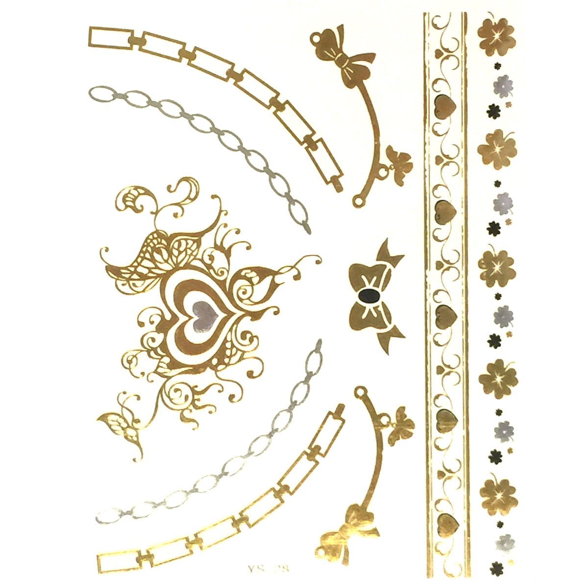 Wrapables Celebrity Inspired Temporary Tattoos in Metallic Gold Silver and Black, Hearts and Bows, Large