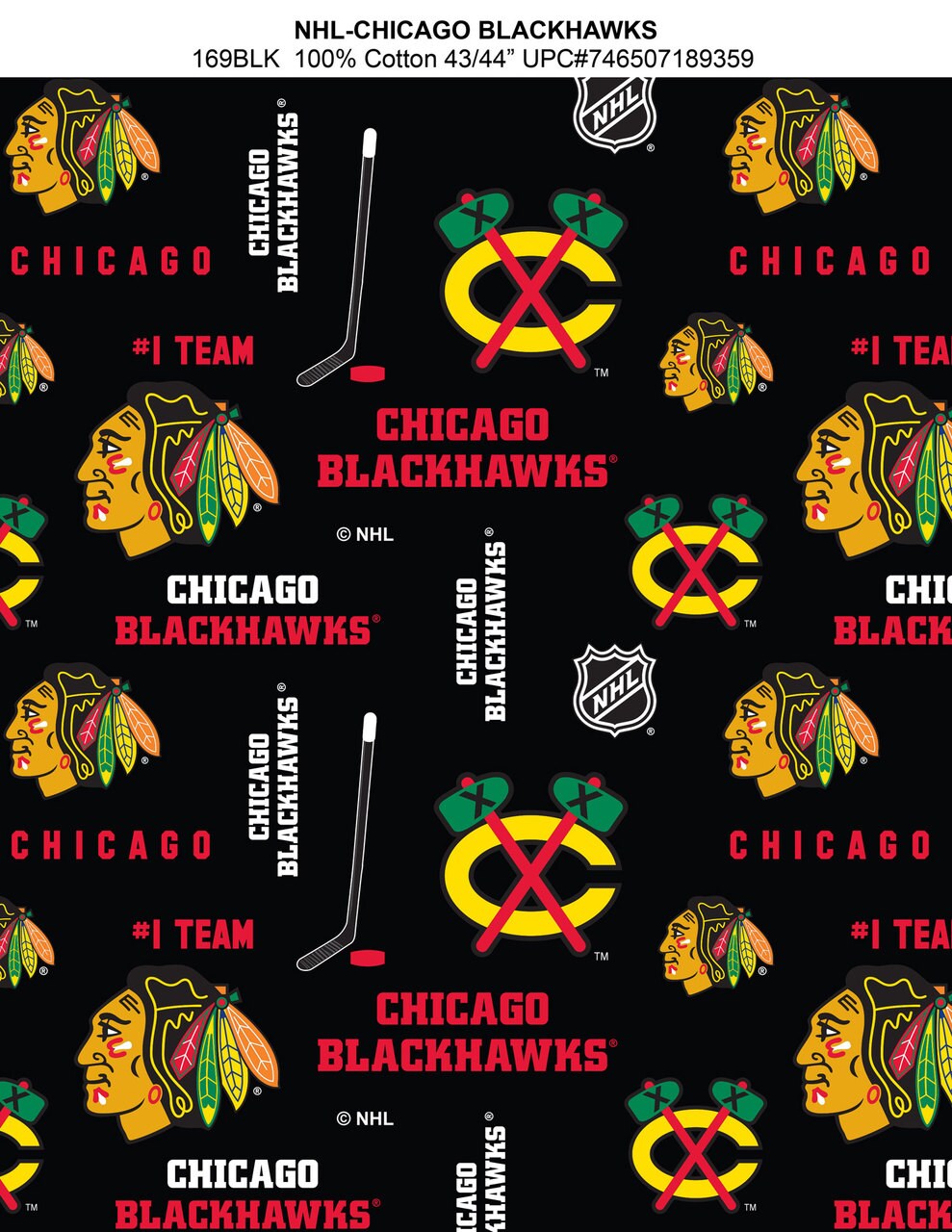 Sykel Enterprises NHL Team Cotton Fabric-Chicago Blackhawks All Over Print Cotton Quilting Fabric