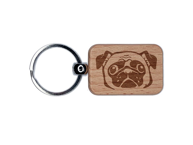 Wide Eyed Pug Dog Face Engraved Wood Rectangle Keychain Tag Charm