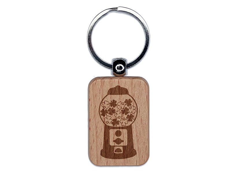 Shamrock Gumball Machine St. Patrick&#x27;s Day Engraved Wood Rectangle Keychain Tag Charm