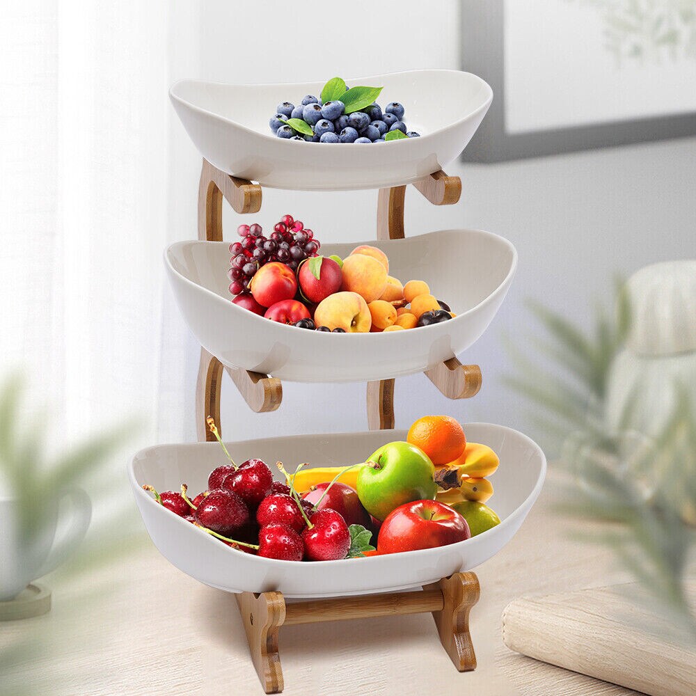 Kitcheniva 3 Tier Wooden Cake Stand Ceramic Fruit Tray