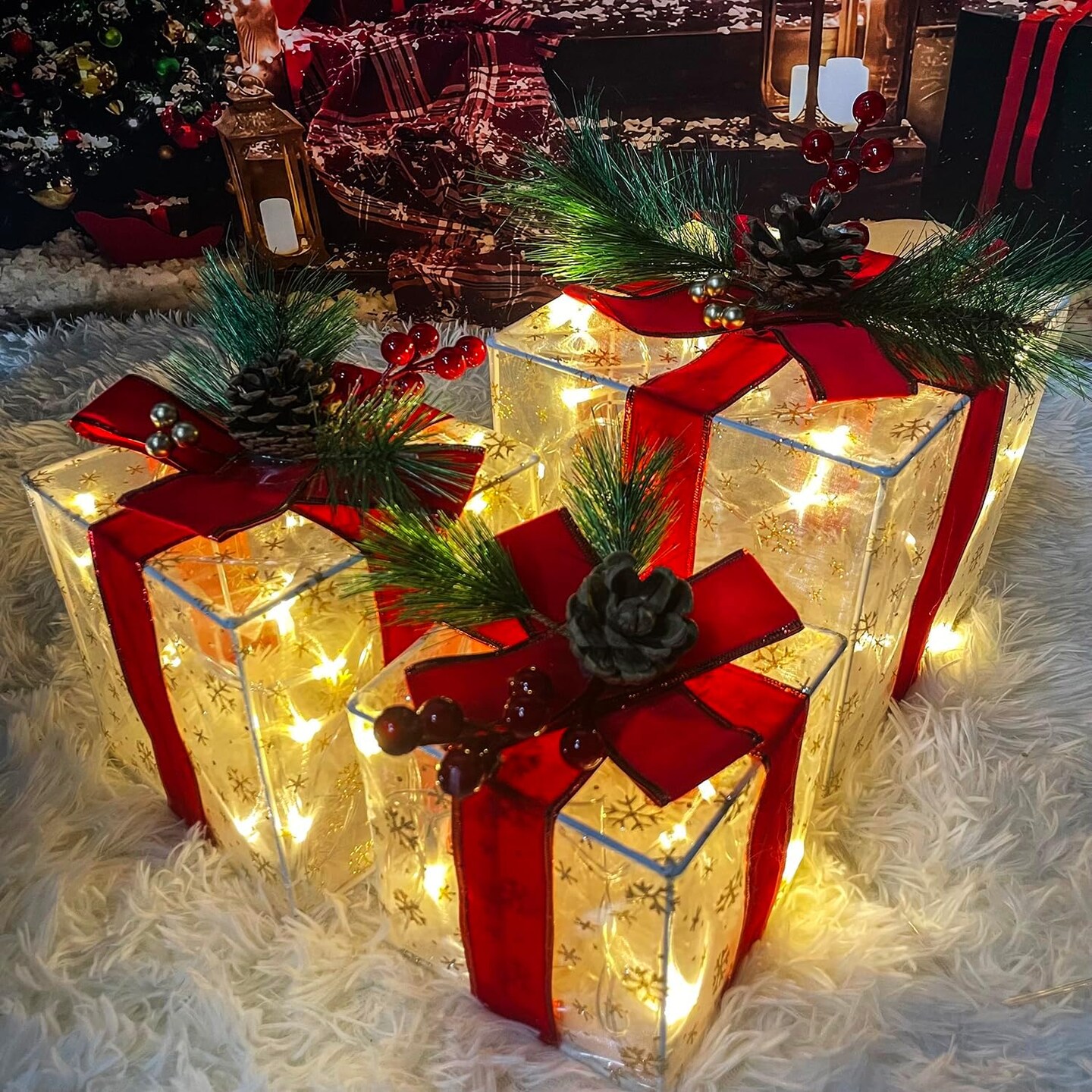 Set of three Christmas lighted gift boxes with 60 LED lights. Xmas Gift Ornament for Tree Indoor Outdoor Yard Holiday Door, Christmas Lights, Warm White, UL Plug