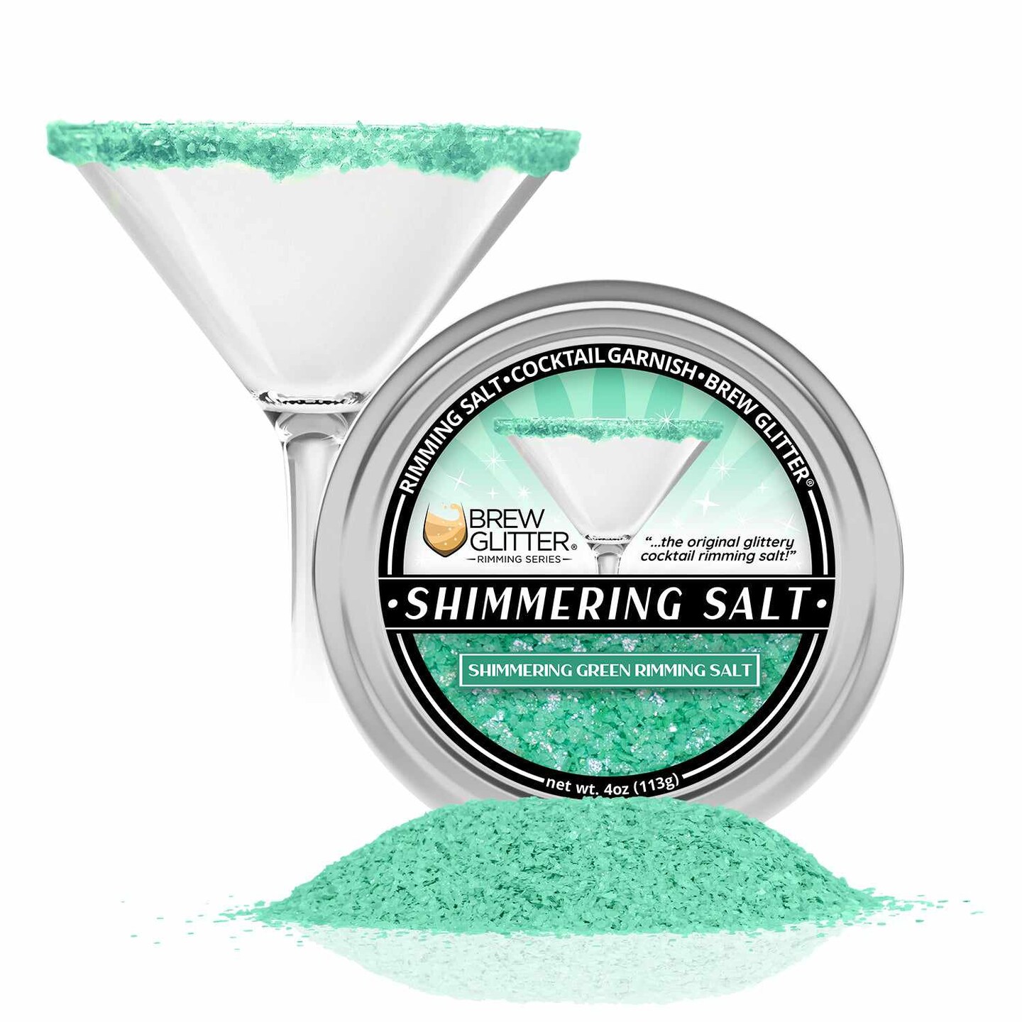 Brew Glitter - Shimmering Green Rimming Salt (4oz, 1x Bar Tin) Edible Glitter Blended Cocktail Garnish for Mixed Drinks and Beverages