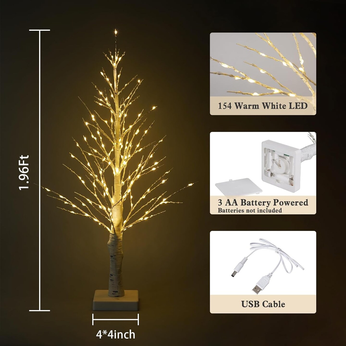 Home Decorations: Lighted Birch Tree Indoor, 1.96FT Simulation Tree Light, Battery Operated and USB Power, Lighted Desktop Birch Bonsai Tree Led Lights Festival Wedding Table Top Decorations,Timer.