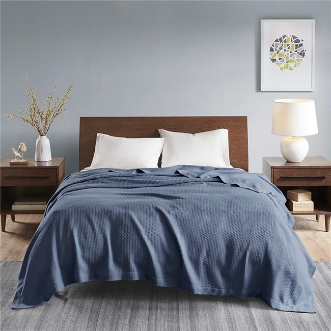 Madison Park Blue 100 Percent Egyptian Cotton Solid Blanket, Full & Queen Size