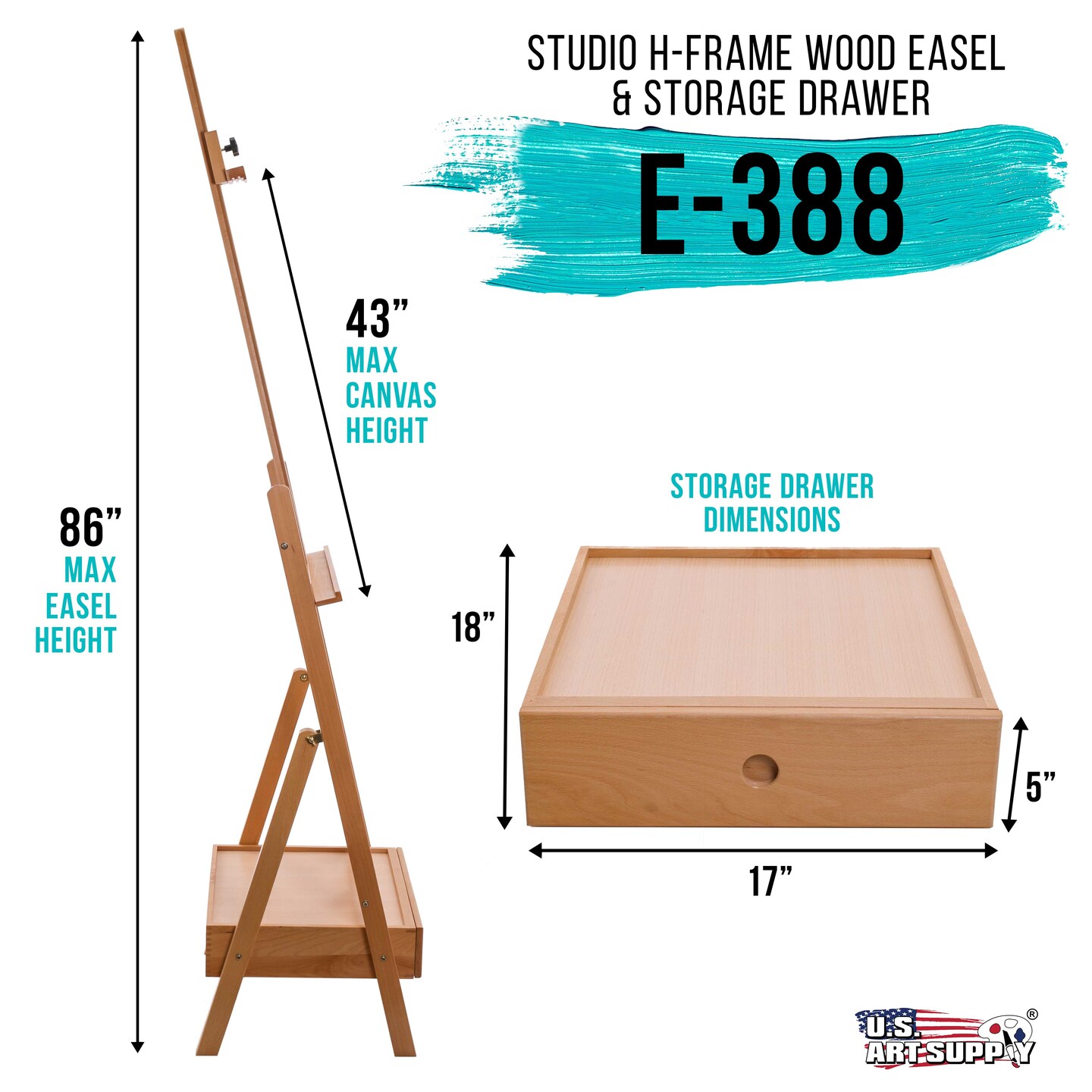 Nantucket Extra Large Wooden HFrame Studio Easel, Artist Storage Drawer and Shelf Mast