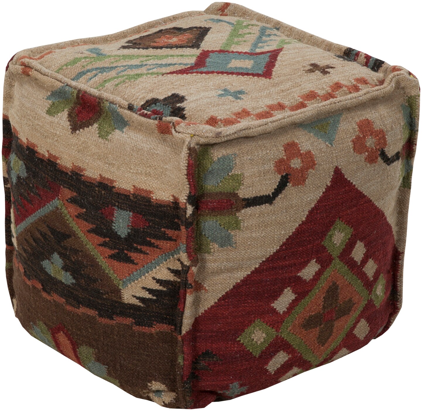Diva At Home 18&#x22; Burgundy and Beige Southwestern Floral Wool Square Pouf Ottoman