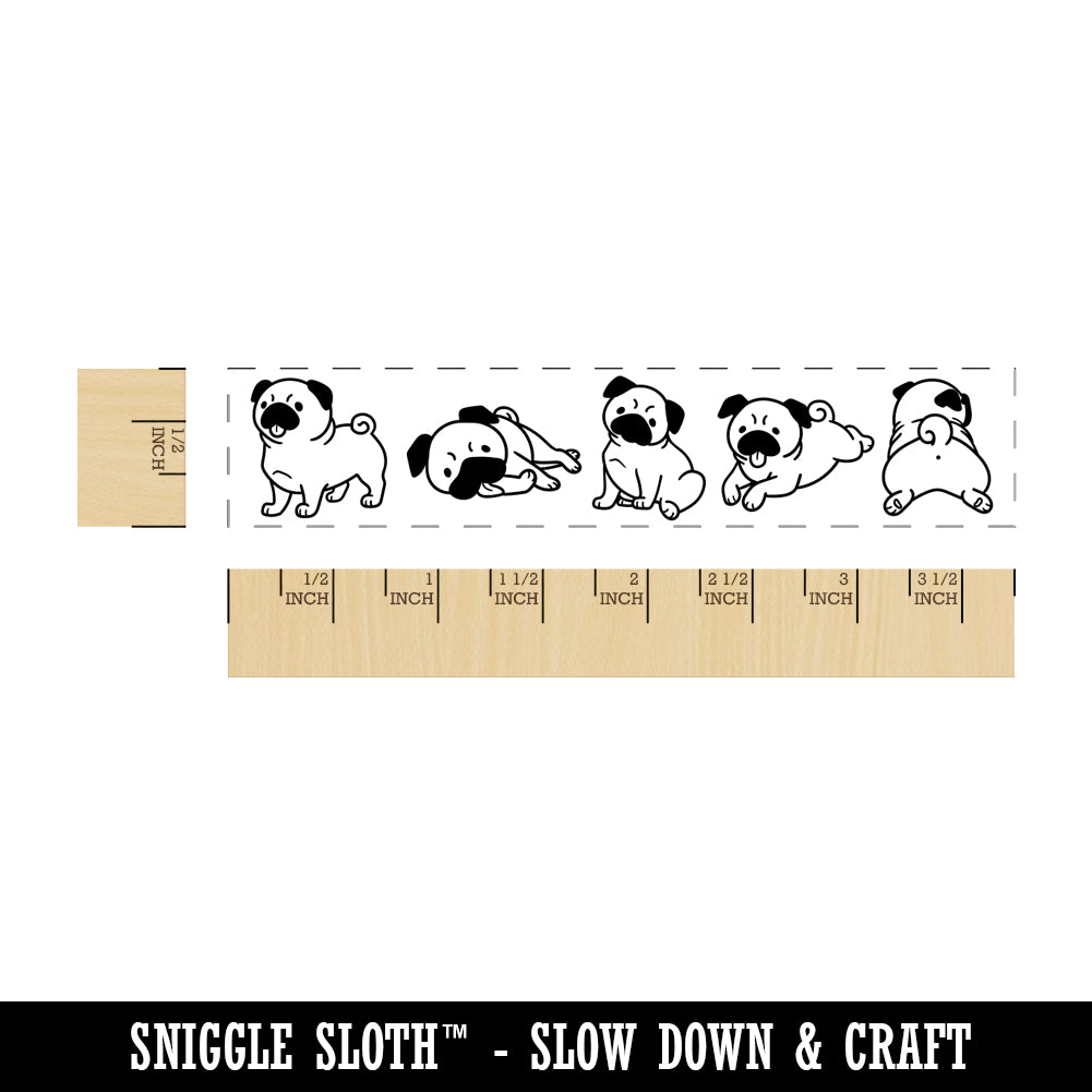 Chibi Pug Dog Border Rectangle Rubber Stamp for Stamping Crafting