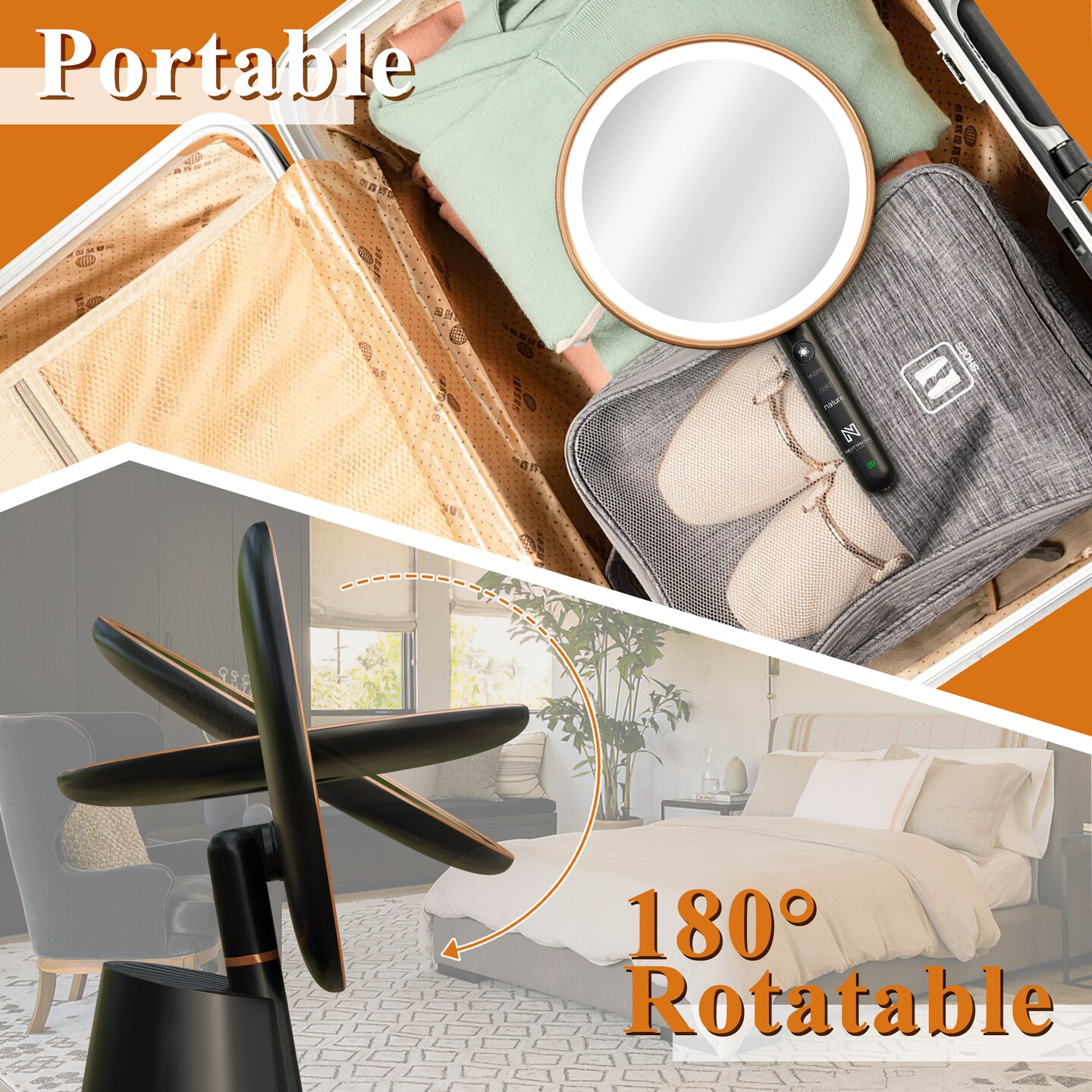 180&#xB0; Rotatable Handheld LED Vanity Mirror with Smart Button