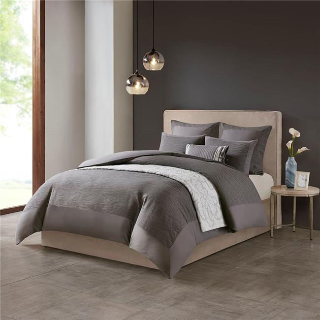 N Natori Cotton Blend Yarn Dyed 3 Piece Comforter Set, Grey - King Size