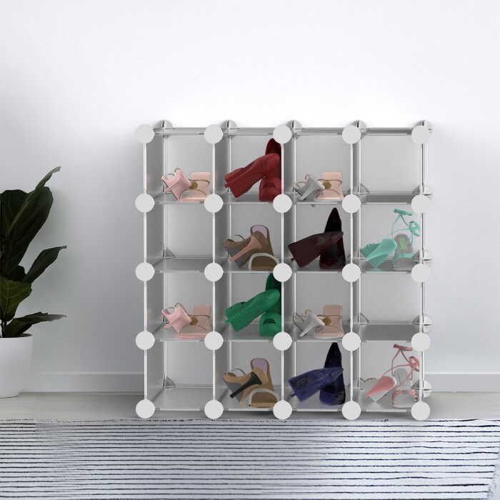 16 Piece Stackable Modular Plastic Shoe Organizer Closet Storage Bin System