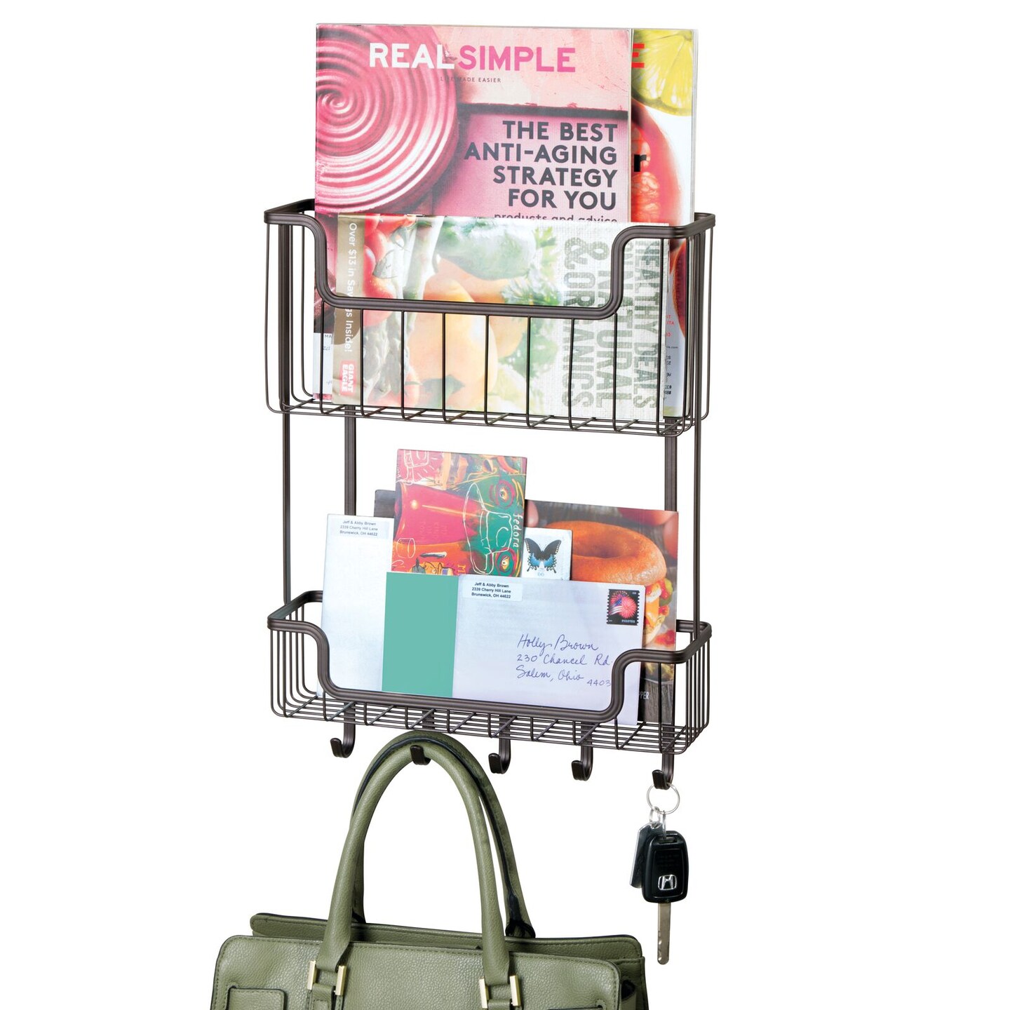 mDesign Wide Wall Mount Mail Organizer for Entryway Storage, Key Rack