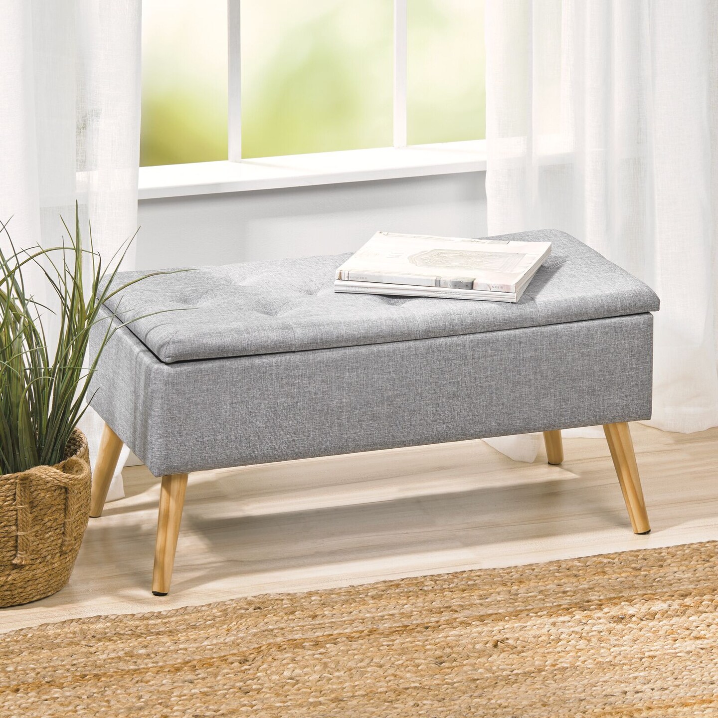 mDesign Long Tufted Rectangle Storage Bench with Hinge Lid, Wood Legs