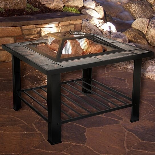 Pure Garden Square Fire Pit Table 30 Inch Black With Cover And Accessories