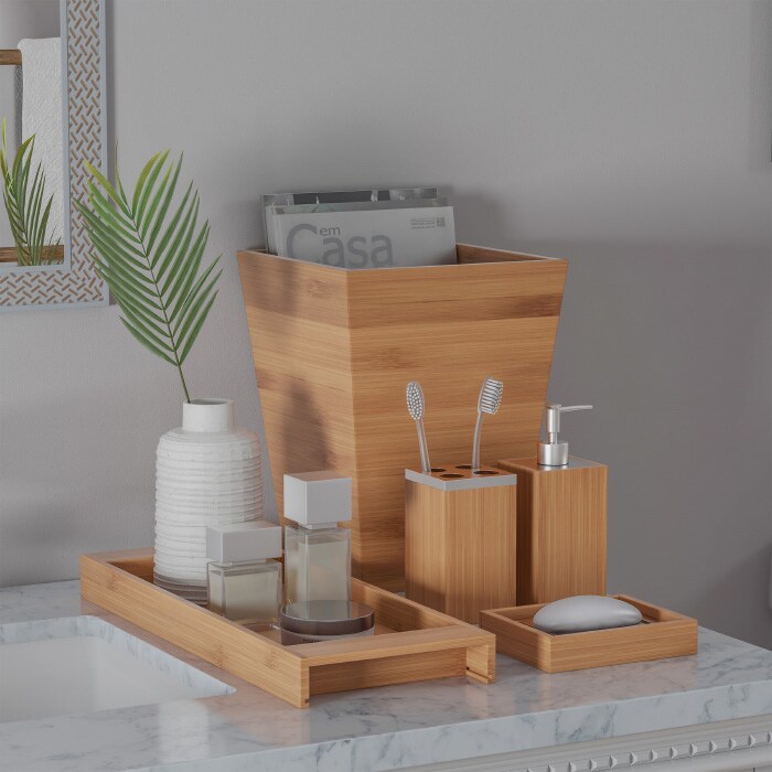 Lavish Home Bamboo Bath Accessories-5-Piece Set Natural Wood Tray Lotion Dispenser Soap Dish Toothbrush Holder Wastebasket