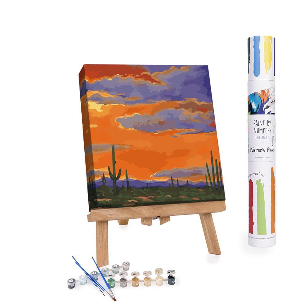 Nature&#x27;s Colorful Farewell: Saguaro Sunset Paint by Numbers - 16x16in - Ships from California, USA