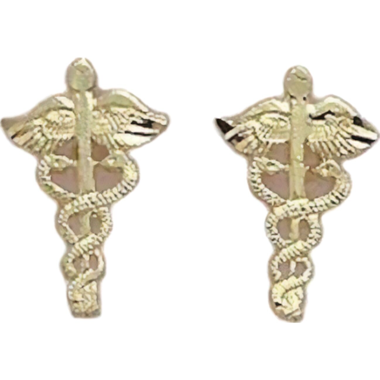 14K Yellow Gold Caduceus Stud Earrings with Bow Tie Jewelry Gift Box 