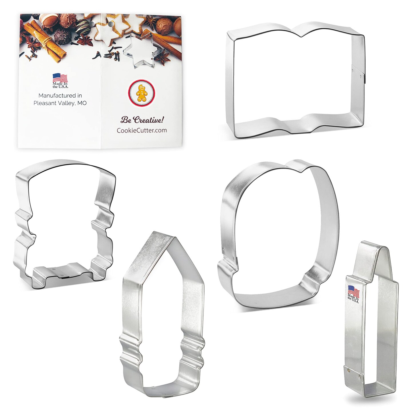 CookieCutter.Com Cookie Cutters 5 Piece Back to School Set 3.75 in Book, 4 in Backpack, 3.5 in School Bus, 4.25 in Crayon, 4.5 in Pencil, USA Made