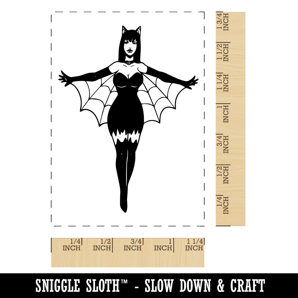 Bat Vampire Woman Goth Halloween Rectangle Rubber Stamp for Stamping Crafting