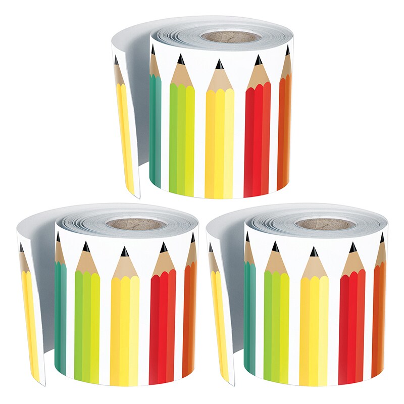 Black, White &#x26; Stylish Brights Pencils Rolled Straight Border, 36 Feet Per Roll, Pack Of 3