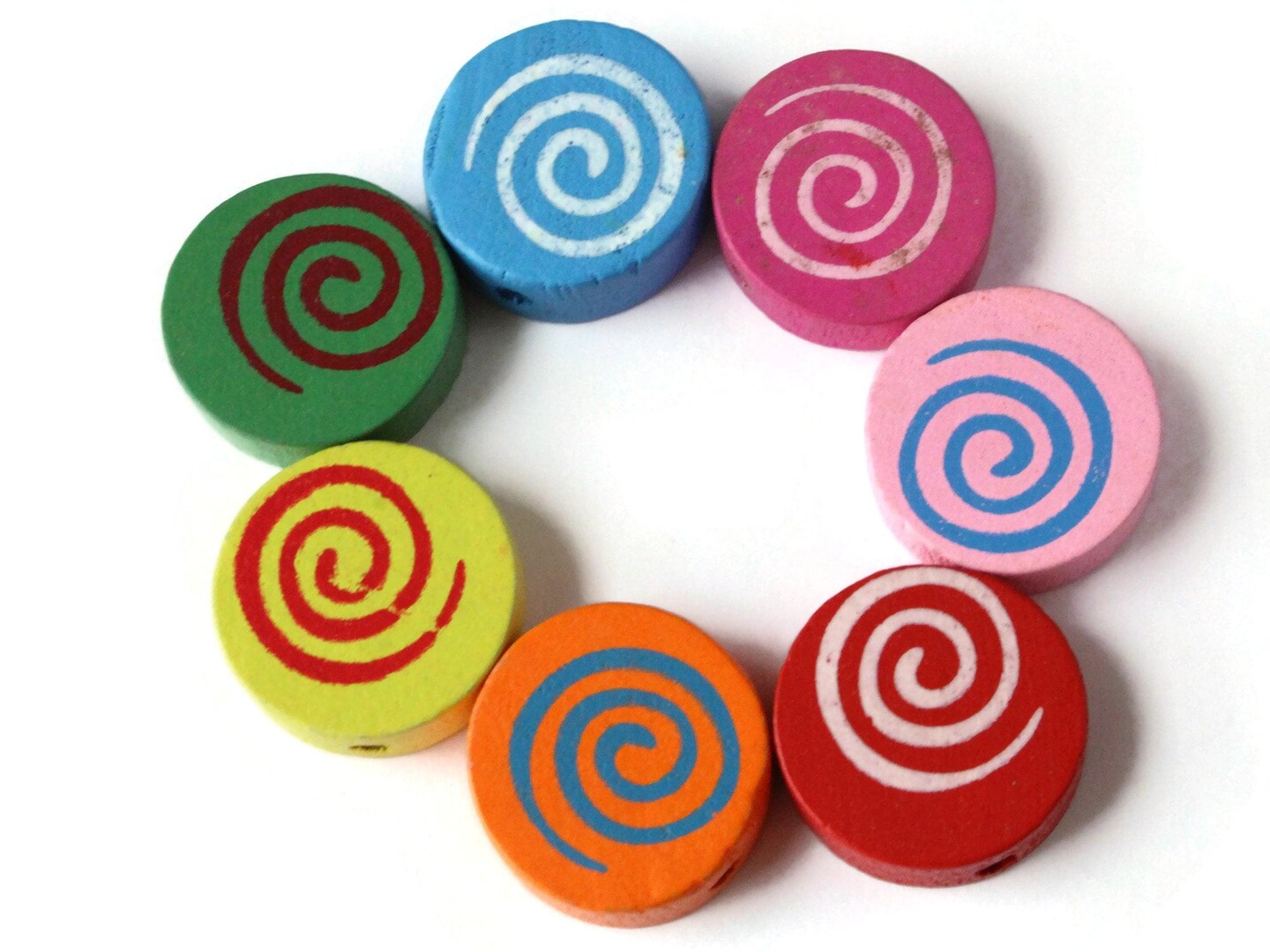 30 17mm Mixed Color Round Spiral Coin Wood Beads