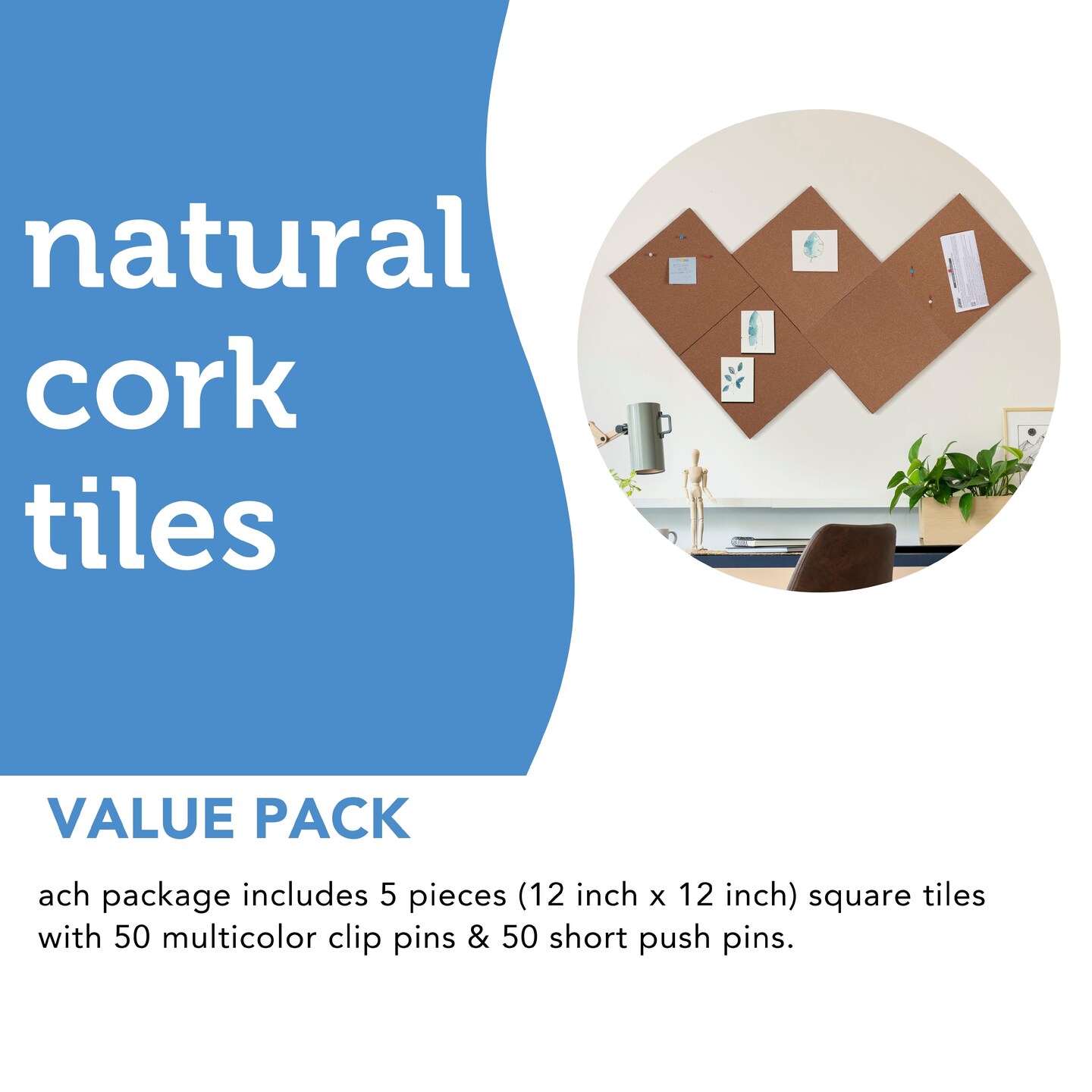 Cork Board Tiles, 12 X 12 X 1/4,Corkboard, Bulletin Board, Mini Wall,  Strong Self Adhesive Backing,4 Pack