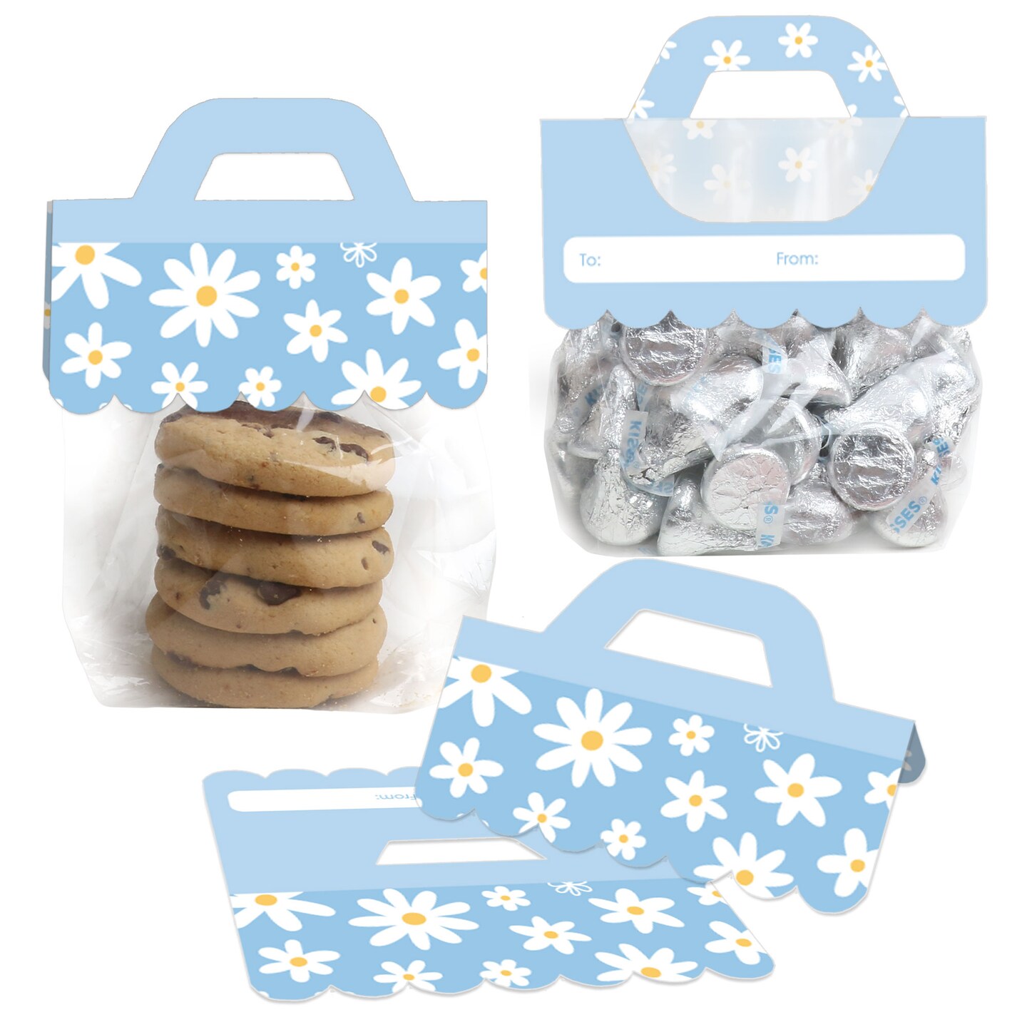 Big Dot of Happiness Blue Daisy Flowers - DIY Floral Party Clear Goodie Favor Bag Labels - Candy Bags with Toppers - Set of 24