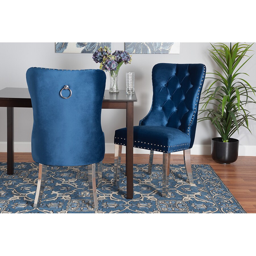 Wholesale Interiors Baxton Studio Honora Contemporary Glam and Luxe Navy Blue Velvet Fabric and Silver Metal 2-Piece Dining Chair Set