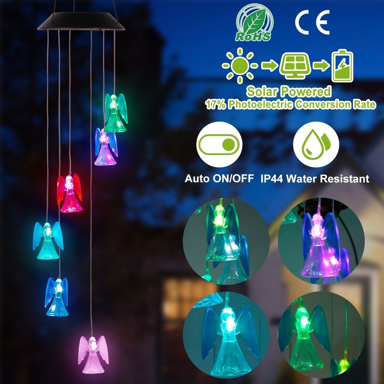 Solar Angel Wind Chimes Color Changing Led Hanging Lamp Waterproof Night Light