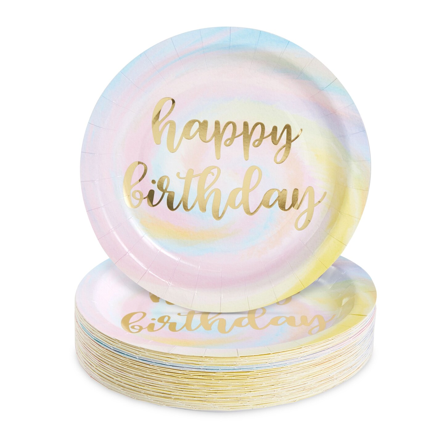 48-Pack Rainbow Pastel Party Decorations, Gold Foil Happy Birthday Plates (9 in)