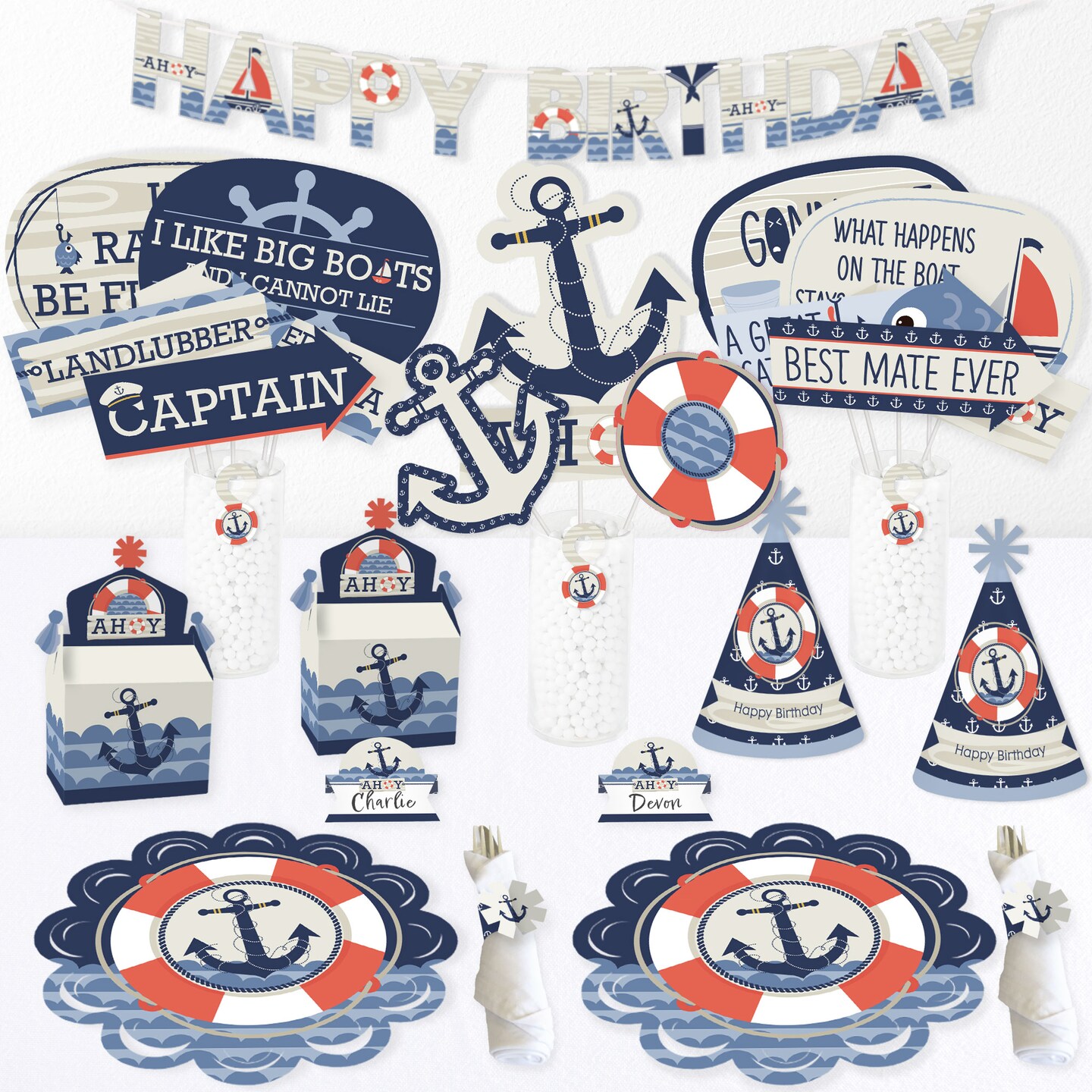 Big Dot of Happiness Ahoy - Nautical - Happy Birthday Party Supplies Kit - Ready to Party Pack - 8 Guests