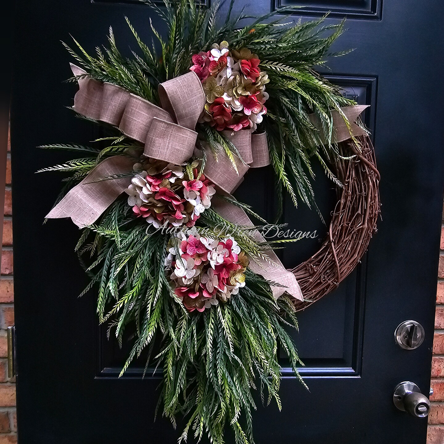 Sale YEAR ROUND Magnolia Wreath with Dark Red Hydrangeas, White Magnolias and Cedar Greenery, Everyday Wreath for Door, Wreaths