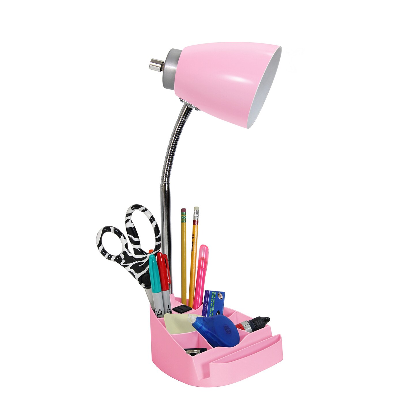 Limelights Gooseneck Organizer Desk Lamp with iPad Tablet Stand Book Holder and Charging Outlet, Pink