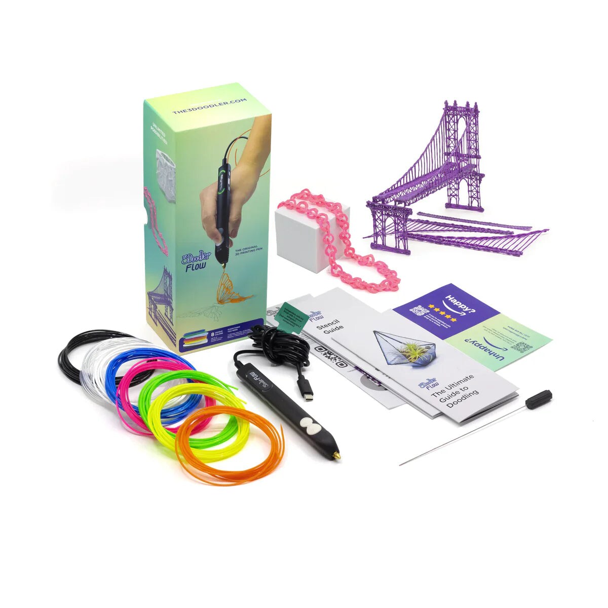 3Doodler Flow 3D Printing Pen for Teens, Adults &#x26; Creators! - Black - with Free Refill Filaments + Stencil Book + Getting Started Guide