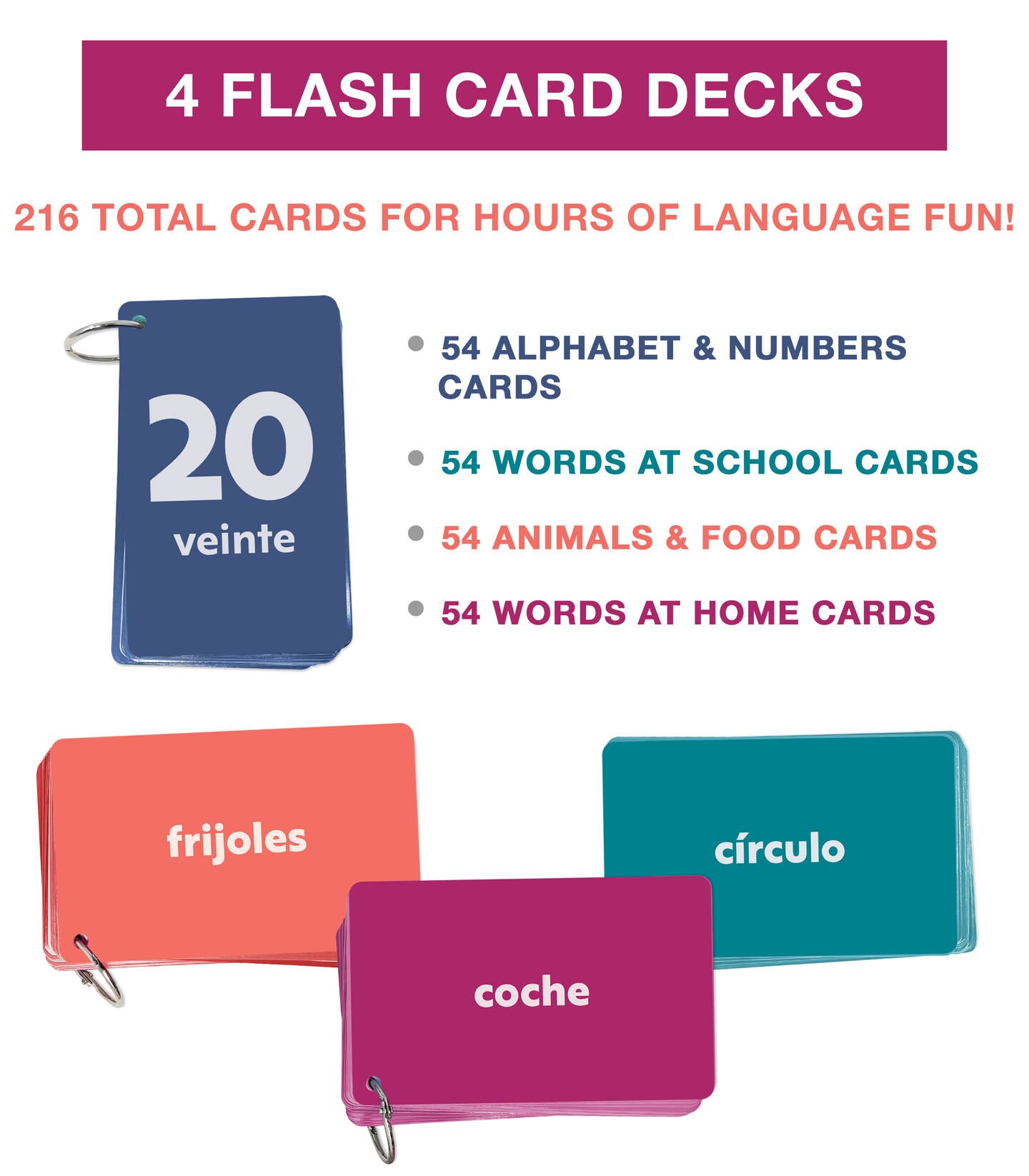 Carson Dellosa 216 Spanish Flash Cards for Kids, Sight Words, Numbers, and Alphabet Flashcards for Toddlers Ages 3 and Up, Educational Games for Bilingual and ESL Learners