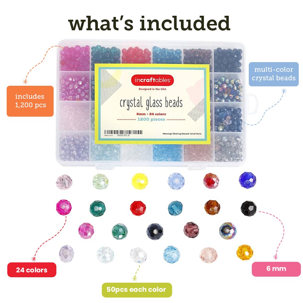 Incraftables Crystal Glass Beads 24 Colors 1200pcs Kit for Jewelry Making, Hair Accessories, & DIY Bracelets. Large 6mm Briolette Rondelle Assorted Crafting Bead with Elastic String for Kids & Adults