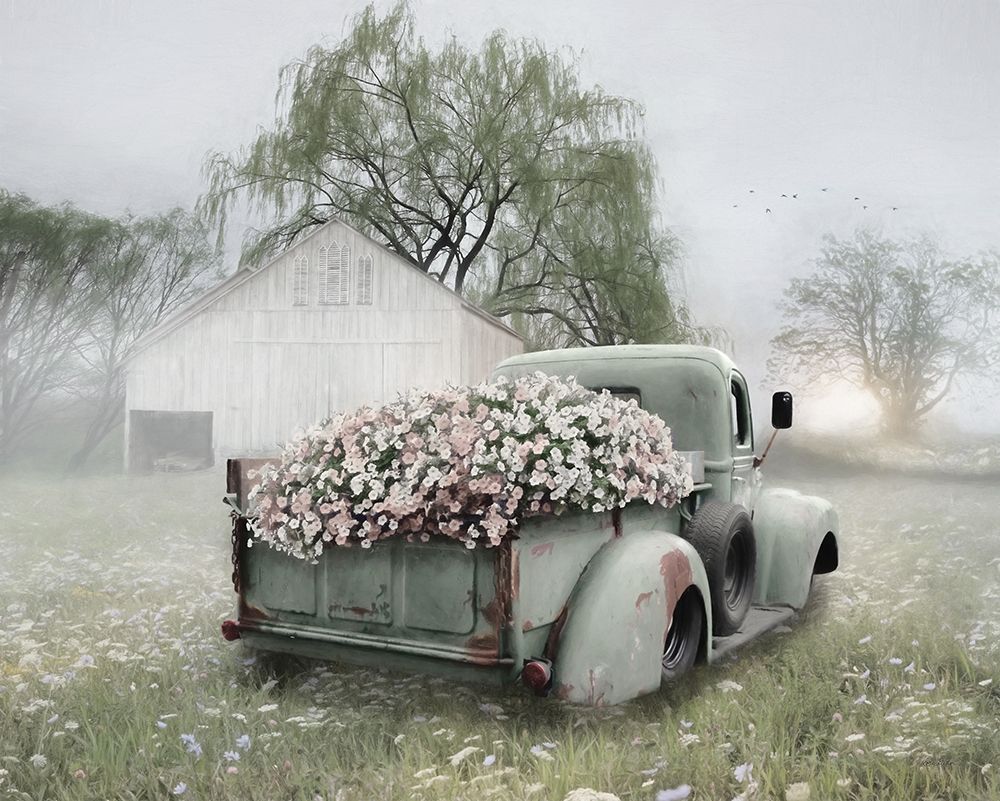 Sage Green Truck with Blush Petunias Poster Print by Lori Deiter # LD2249