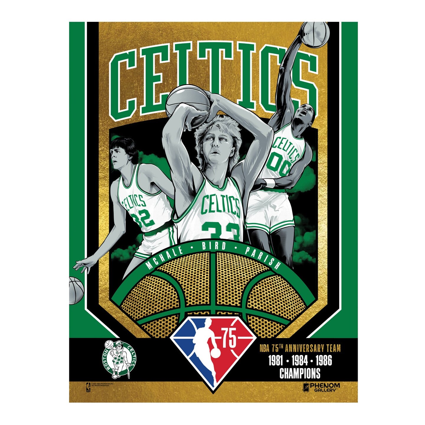 Phenom Gallery Boston Celtics 75th Anniversary 80&#x27;s NBA Champions 18&#x22; x 24&#x22; Gold Foil Serigraph