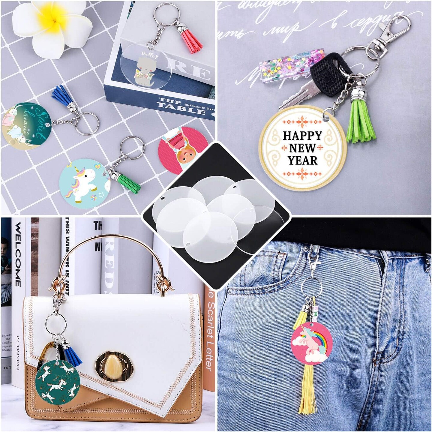 120pcs Acrylic Keychain Blanks for Vinyl Kit Including 30pcs Clear Acrylic Blanks, 30pcs Keychain Tassels, 30pcs Key Rings and 30pcs Jump Rings for DIY Key Chain Vinyl Crafting