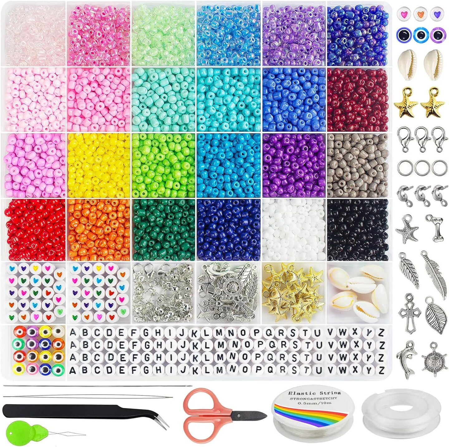 3400pcs 4mm Glass Seed Beads for Jewelry Bracelet Making Kit, Small Beads Friendship Bracelet Kit, Tiny Waist Beads Kit with Letter Beads and Elastic String, DIY Art Craft Girls Gifts.